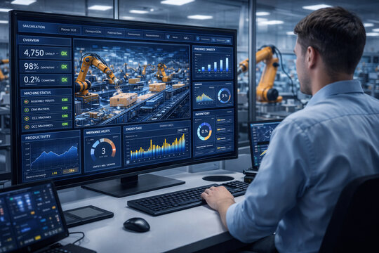 Worker reviews production data on a large screen in a factory setting during daytime with robotic arms in operation