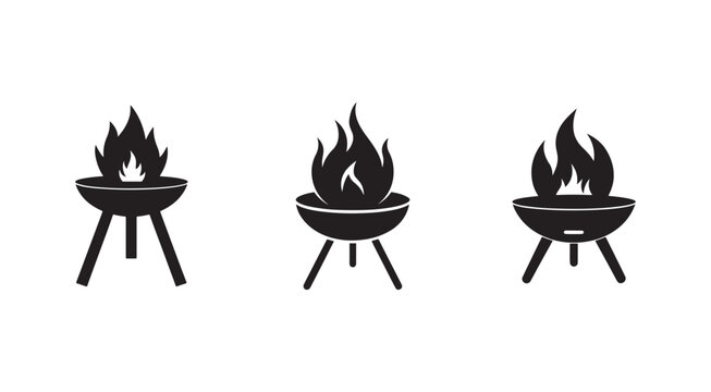 Set of barbecue grill icons with flames burning on top  simple black silhouettes on white background