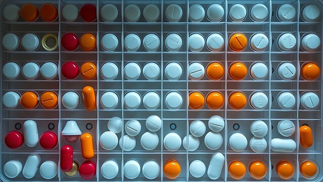 dimer. Pill organizer with tablets in sequence, clinical top view, geometric arrangement. STEM education sheets, lab safety posters, designed for biotech research communications.