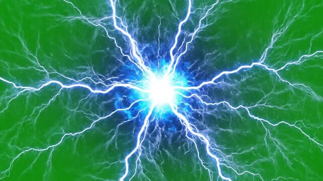 Electric blue lightning bolts radiate from a bright white center against a vibrant green background with a dynamic and energetic mood.