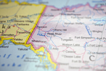 Naklejka premium Russ River Yukon Canada Location on World Map with Defocused Geography Background