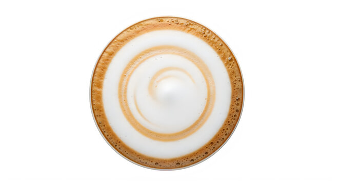 Top view of latte coffee with swirly milk design in a cup transparent background