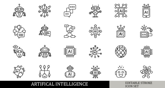 black and white AI tools icon set, chatbot robot, neural network nodes, ai chip processor, ai automation icons, outline vector icons, isolated on white background, simple line style, 30 icons pack