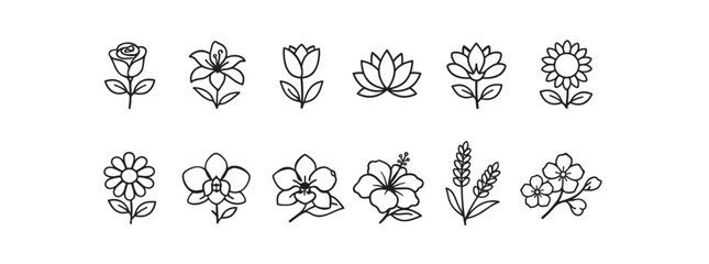 Flower Outline Icons Set, Floral Line Art, Botanical Flower Minimal Vector Icon Collection