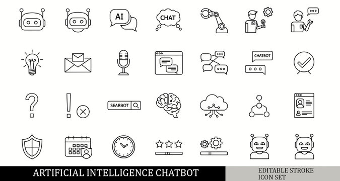 black and white AI chatbot icon set, robot assistant, chat AI, automated message, digital assistant icons, outline vector icons, isolated on white background, simple line style, 30 icons pack