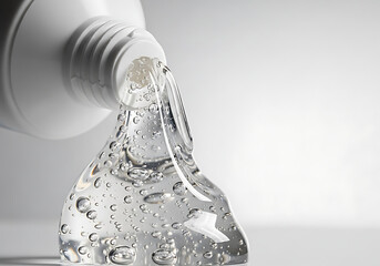 Macro close-up of hydrating gel texture being dispensed from tube. Hyaluronic acid molecules, skincare ingredient focus, clean white background