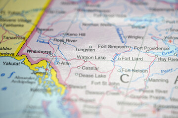 Naklejka premium Watson Lake Yukon Canada Location on World Map with Defocused Geography Background