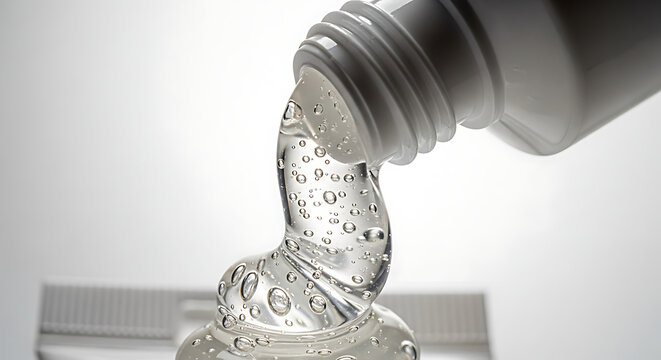 Macro close-up of hydrating gel texture being dispensed from tube. Hyaluronic acid molecules, skincare ingredient focus, clean white background