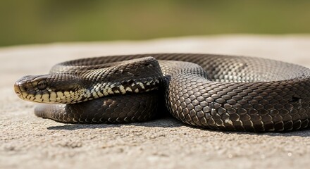 Fototapeta premium A dark-scaled serpent, intricately patterned, rests in a coiled posture on a rugged natural surface, embodying a powerful yet serene reptilian presence within its habitat