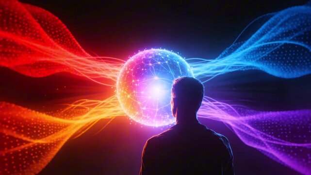 Male figure stands in front of glowing energy sphere, with vibrant red and blue waves emanating from it, creating a dynamic visual experience in a dark environment