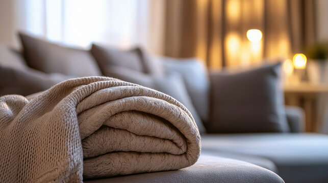 Folded blankets on sofa in cozy living room interior