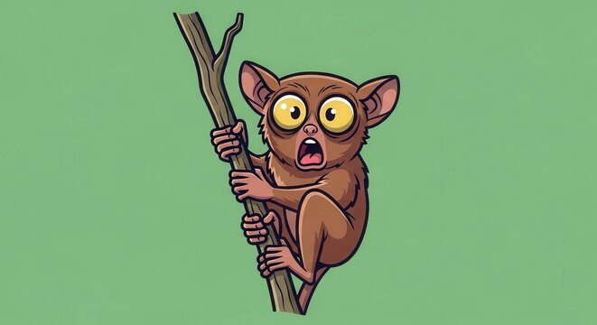 Cute Cartoon Monkey Clinging to Tree Branch in Bright Green Background