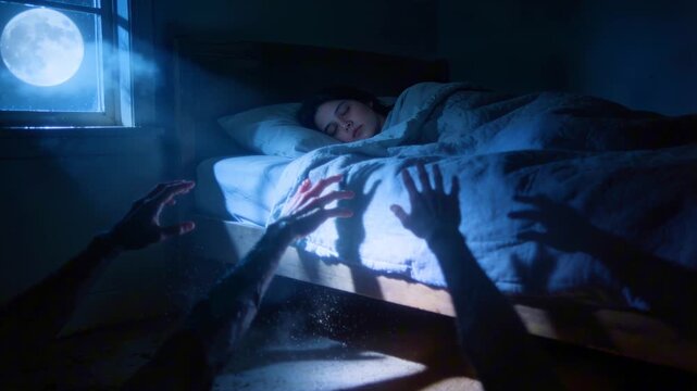 Realistic nightmare scene with person sleeping under blanket and shadow hands in moonlit bedroom
