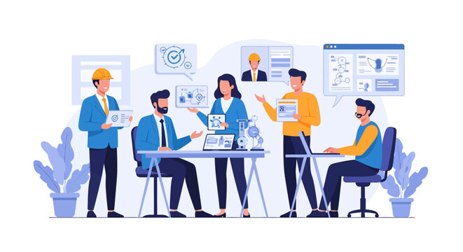 Flat vector illustration of a diverse professional team of engineers and developers collaborating on technical product innovation with digital devices, laptops, and technical diagrams.
