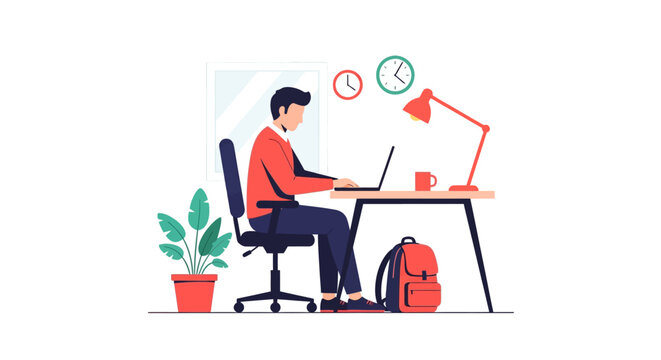 Flat vector illustration of a man working on a laptop at a desk with an office chair, desk lamp, potted plant, backpack, and two wall clocks representing flexible work hours.