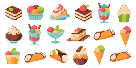 Italian desserts and ice cream collection in flat isometric style vector illustration for menu design and branding projects
