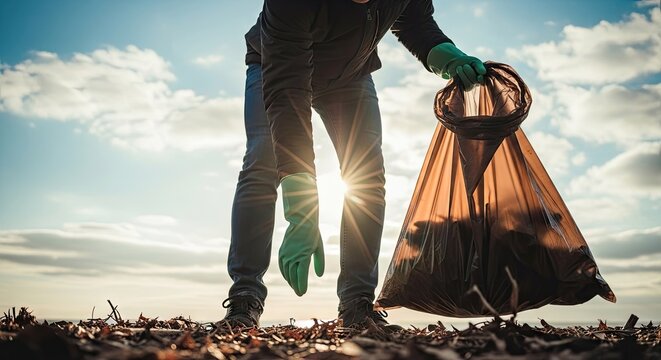 Person collecting trash in a bag outdoors on a sunny day with a cloudy sky