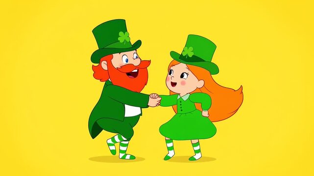 St Patricks Day Cartoon Leprechaun Couple Dancing on Yellow Background