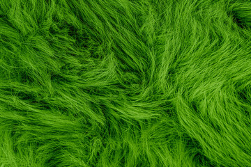 Obraz premium Vibrant green fluffy faux fur textile background with long soft wavy flowing fibers