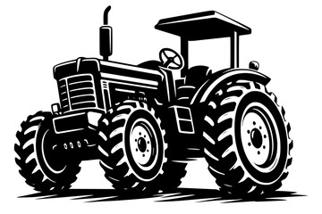 Obraz premium High-contrast black vector of a heavy-duty agricultural tractor. The illustration features a classic design with large treaded tires, a front grill, a smokestack, and an open driver's cabin