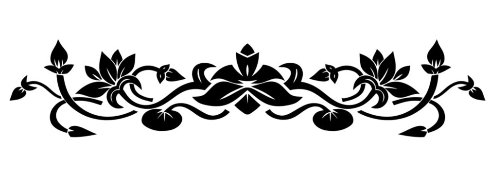 High-contrast black vector of a symmetrical floral border. The illustration features flowing vines, lotus-like buds, and stylized leaves, inspired by traditional "Lai Kanok" patterns.