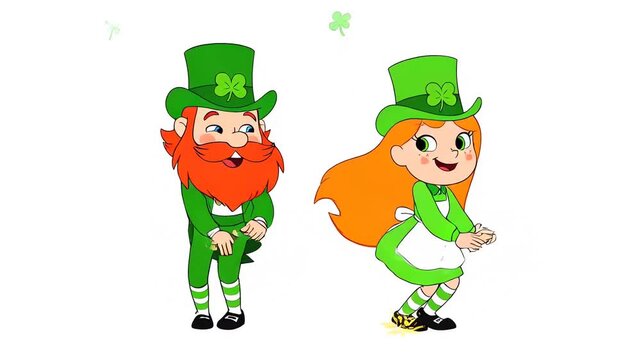St Patricks Day Cartoon Leprechauns Dancing on White Background