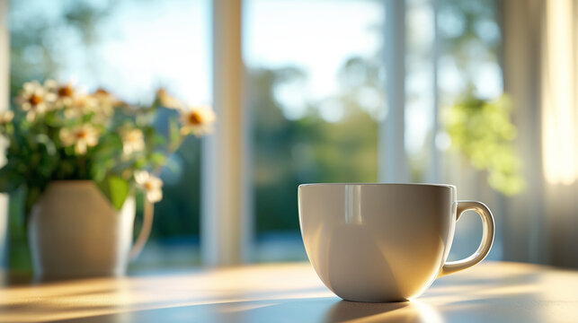 White cup on table by window in soft natural light