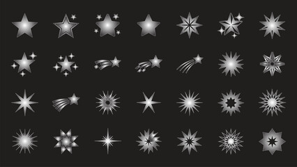 Silver star and shooting star icons on black background vector set © Nusrath