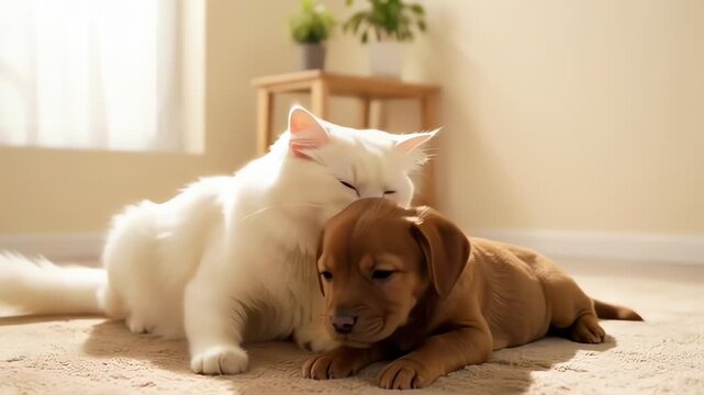White cat and brown puppy bonding in a sunlit living room