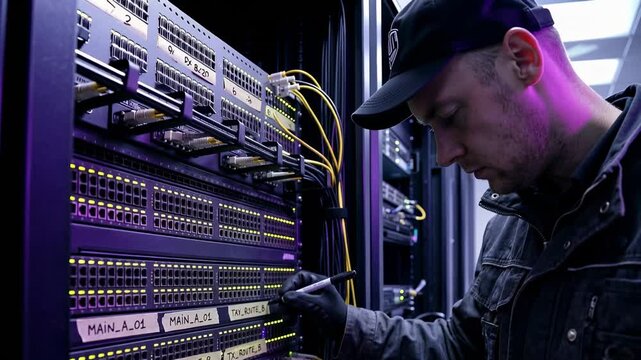 A technician is engaged in organizing and managing network cables in a data center environment. This content illustrates technical work that is common in IT and networking industries