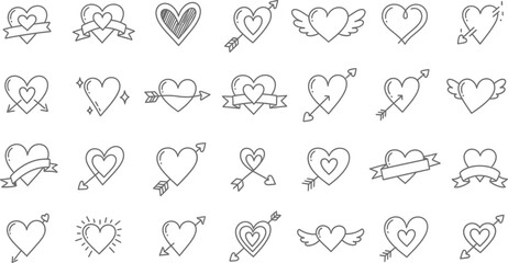 Hand drawn heart sketches with arrows and banners for romantic illustrations © Nusrath