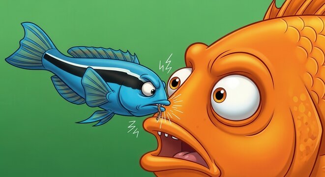 Colorful Illustrated Fish Characters Depicting Underwater Encounter Scene