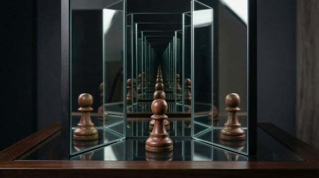 Infinity Mirror Effect Showing Endless Row of Wooden Chess Pawns for Strategic Depth
