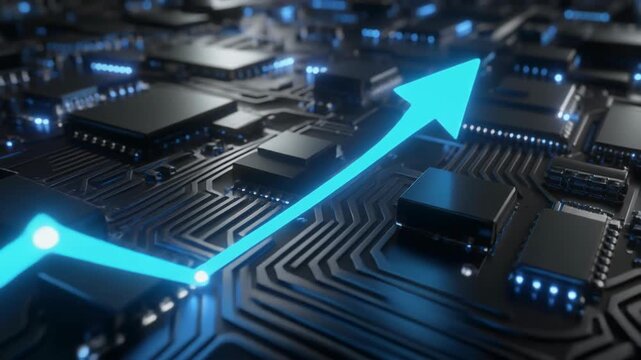 Technology Sector Growth Chart with Glowing Arrow Over Computer Motherboard.