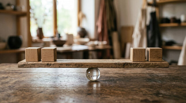 Concept of Equilibrium with Wooden Blocks Balanced on a Glass Sphere in a Workshop