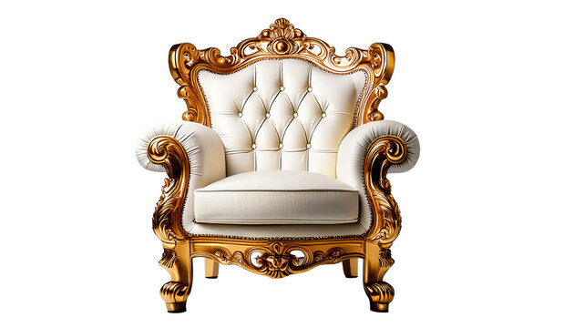 Elegant white and gold throne chair isolated PNG, luxurious royal armchair with tufte 
