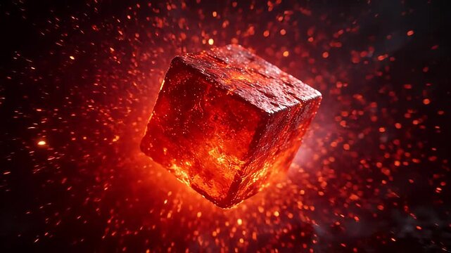 Glowing red cube with sparks in dark space