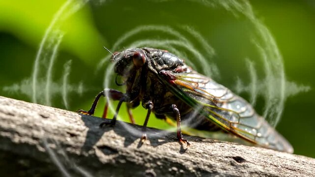 Cicada on tree branch singing loud.