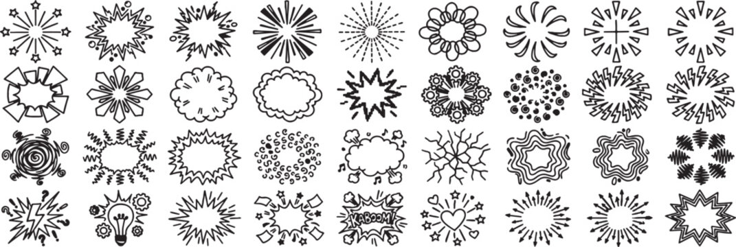 Comprehensive Vector Set of Hand Drawn Comic Style Explosion Bubbles Sunbursts and Energy Burst Doodle Icons for Creative Retro Pop Art and Dynamic Graphic Design Projects