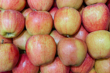 Vibrant red and yellow fresh ripe organic apples piled high for sale at a farmers market