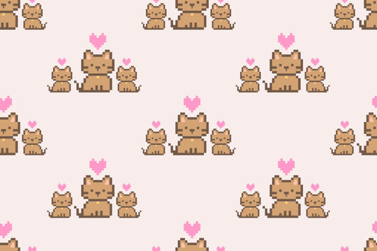 Cute Pixel Cat Seamless Pattern Kawaii 8 Bit Kitty Background with Hearts