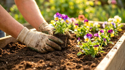 Obraz premium Gardener wearing gloves plants colorful pansy flowers in a wooden raised garden bed filled with rich soil, surrounded by vibrant greenery in a sunny outdoor setting