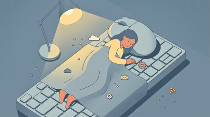 Naklejka na ściany i meble Screen fatigue concept: exhausted person sleeping on keyboard, fatigue low energy workday slowdown new normal pause