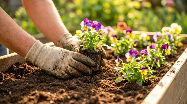 Gardener wearing gloves plants colorful pansy flowers in a wooden raised garden bed filled with rich soil, surrounded by vibrant greenery in a sunny outdoor setting