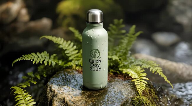 Reusable Water Bottle with Earth Day 2026 Logo in Nature Setting