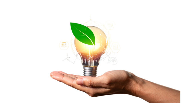 Creative light bulb set with icons for night mode learning inspiration and environmental leaf symbol for energy saving and sustainable green concept