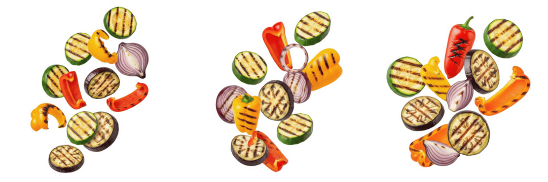 Set of Falling Grilled Vegetables Slices Including Zucchini Peppers and Red Onions Isolated on White Background