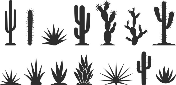 Collection Of Black Silhouette Cacti And Succulent Plants In Desert Style cactus