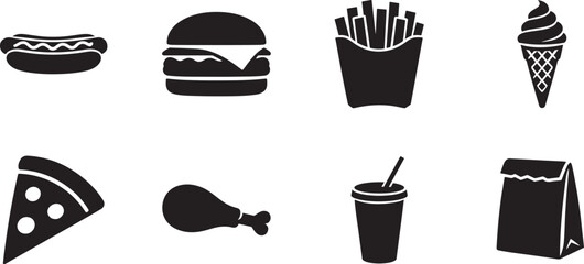Fast food icon set with burger pizza fries drink hotdog outline silhouette style icon pack.