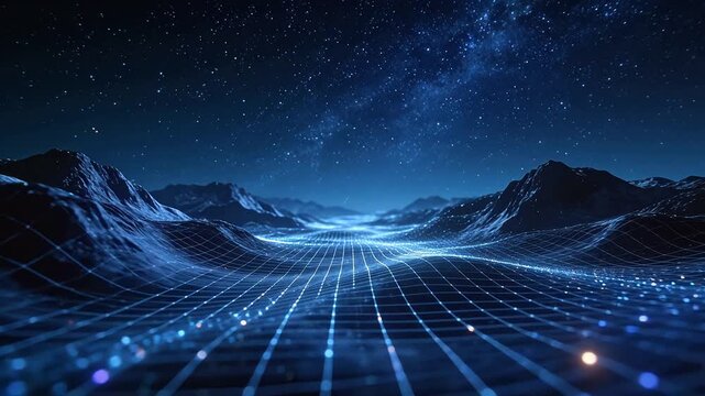 Digital landscape of mountains and starry sky with glowing grid network